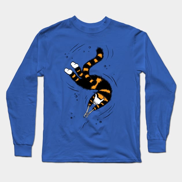 Weird Cat With Bone Hands Swimming Long Sleeve T-Shirt by Boriana Giormova